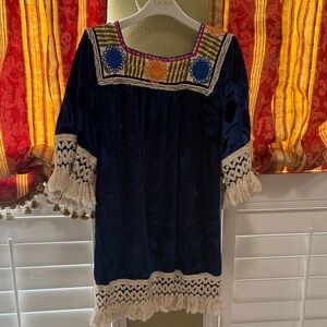 Navy Embroidered Tunic with Cream Crochet Trim